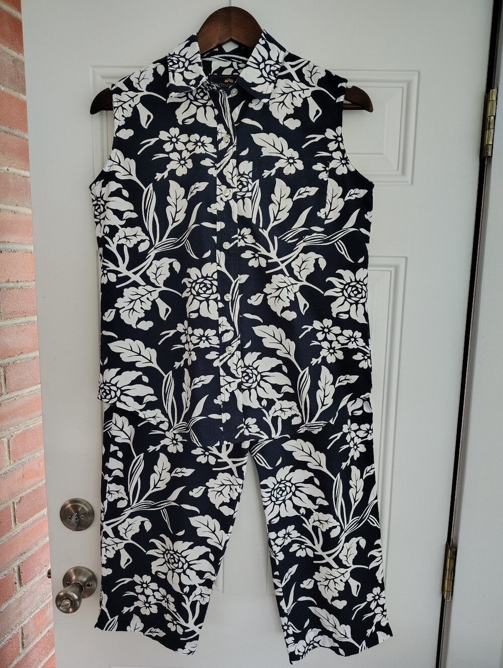 VTG British Khaki Floral 2 Piece Set Cotton Wide Leg Crop Separates Sz 4/8 - Picture 1 of 12